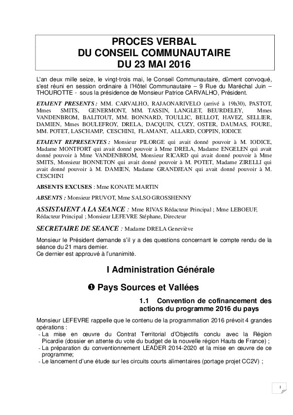 Compte rendu du Conseil CC2V du 23 mai 2016