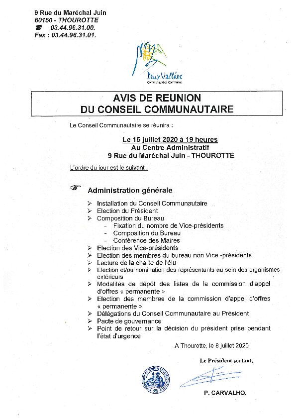 Ordre du jour du Conseil Communautaire du 15 juillet 2020