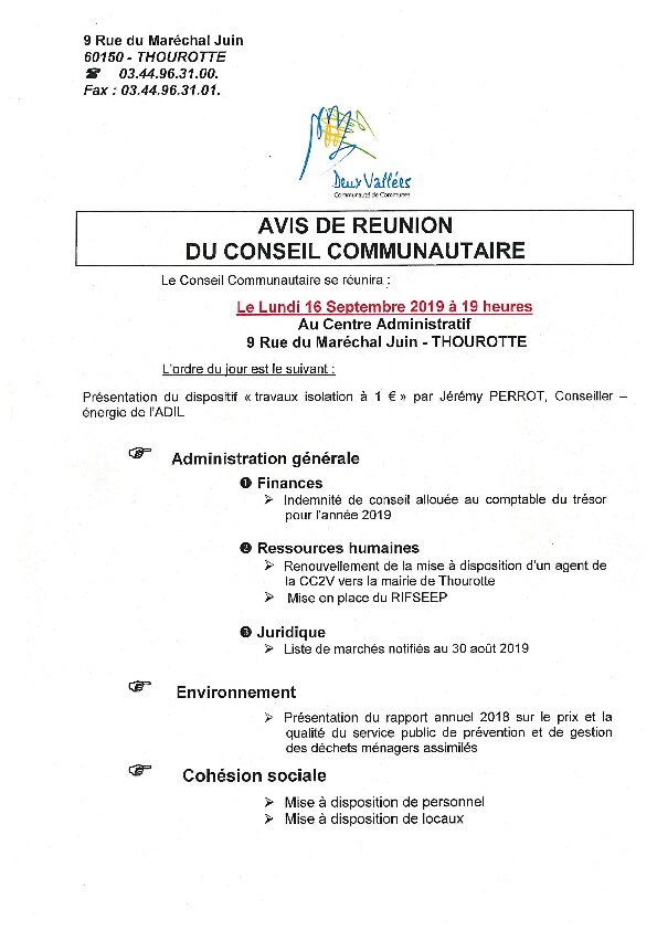 Ordre du jour du Conseil Communautaire du 16 septembre 2019