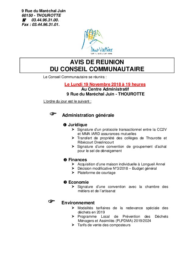 Ordre du jour du Conseil Communautaire du 19 novembre 2018