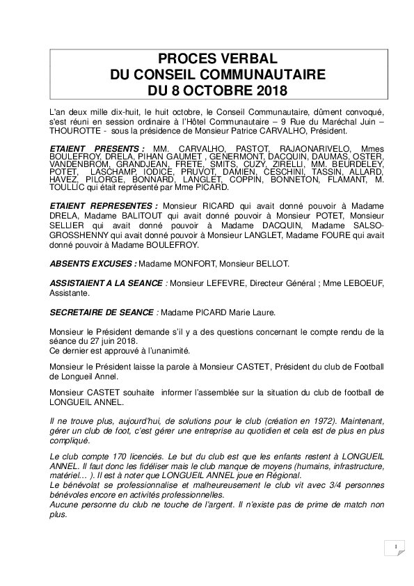 Procès verbal du Conseil Communautaire du 8 octobre 2018