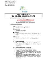 3 juillet 2017 - Ordre du jour du Conseil Communautaire