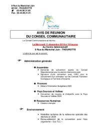 Ordre du jour du Conseil Communautaire du 11 décembre 2019