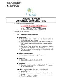 Avis de réunion du Conseil Communautaire 12 décembre 2016