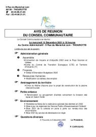 Ordre du jour du Conseil Communautaire du 15 décembre 2021