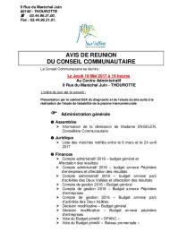Ordre du jour du Conseil Communautaire de la CC2V du 18 mai 2017
