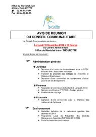 Ordre du jour du Conseil Communautaire du 19 novembre 2018