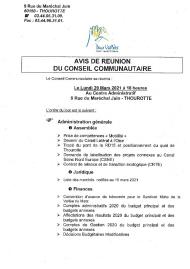 Ordre du jour du Conseil Communautaire du 29 mars 2021
