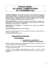 Procès verbal du Conseil Communautaire du 14 décembre 2020