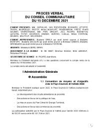 Procès verbal du Conseil Communautaire du 15 décembre 2021
