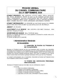 Procès verbal du Conseil Communautaire du 21 septembre 2020
